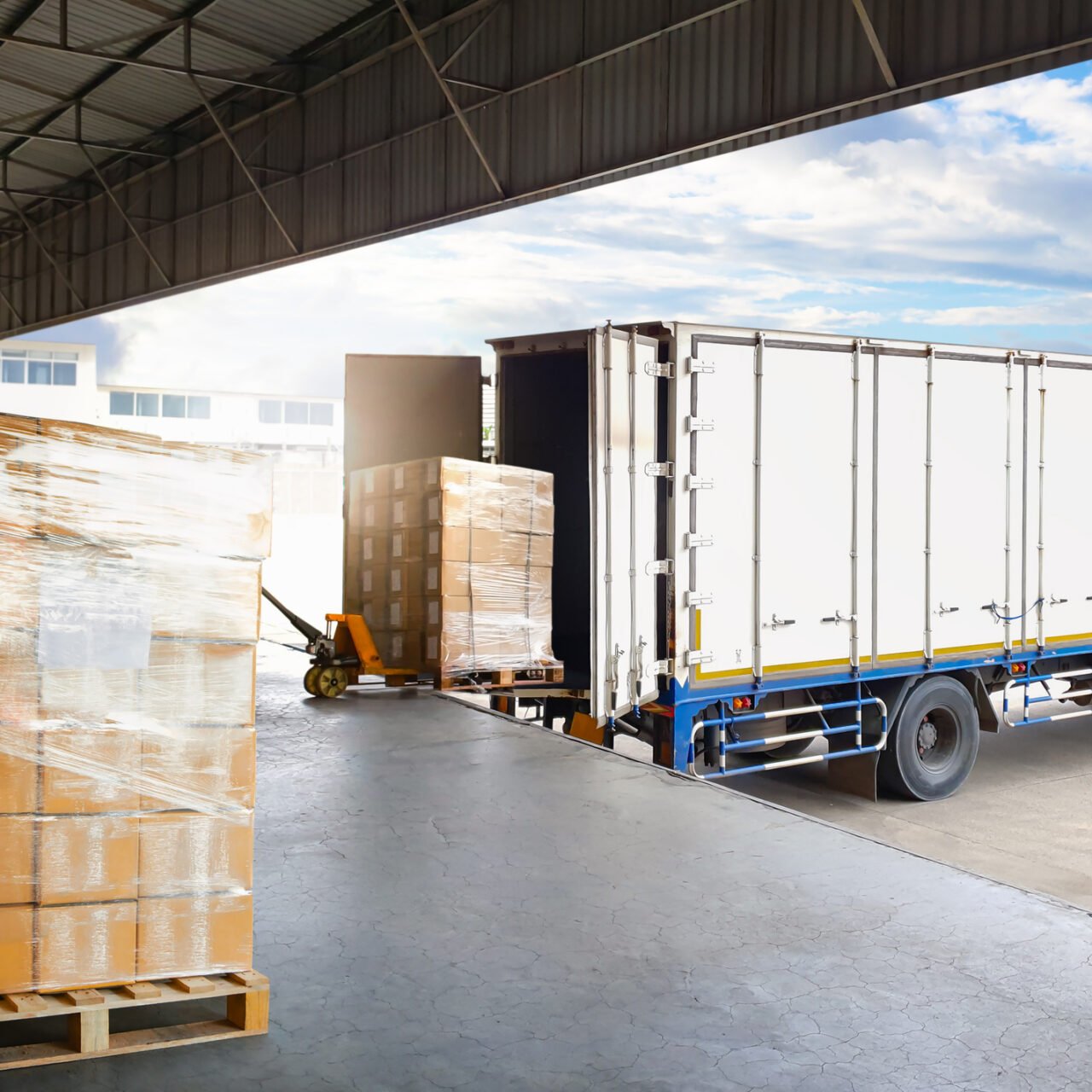 Container Trucks Parked Loading Package Boxes Pallets at Warehouse Dock. Supply Chain, Distribution Warehouse Shipping, Supplies Shipment Boxes. Freight Truck Logistic, Cargo Transport.