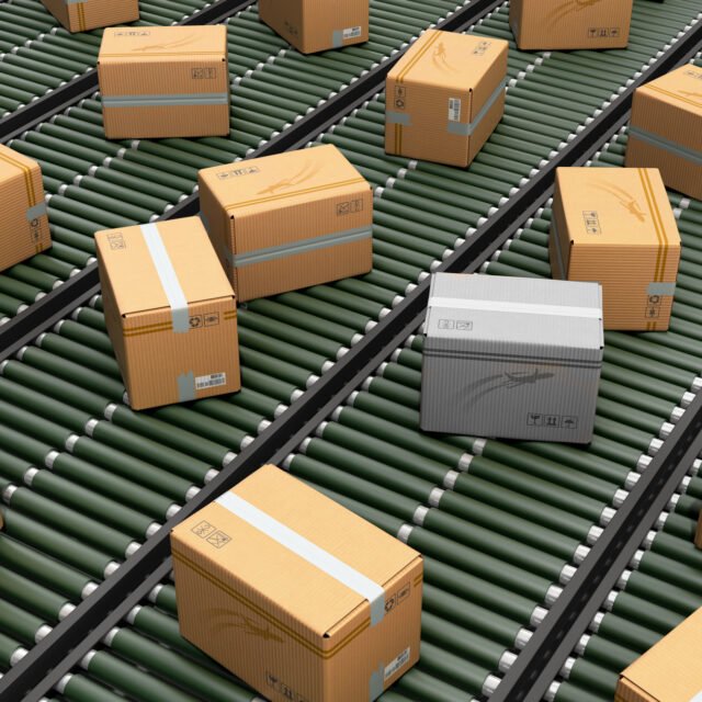 Modern Packages delivery packaging service and parcels transportation system concept cardboard boxes on conveyor 3d render