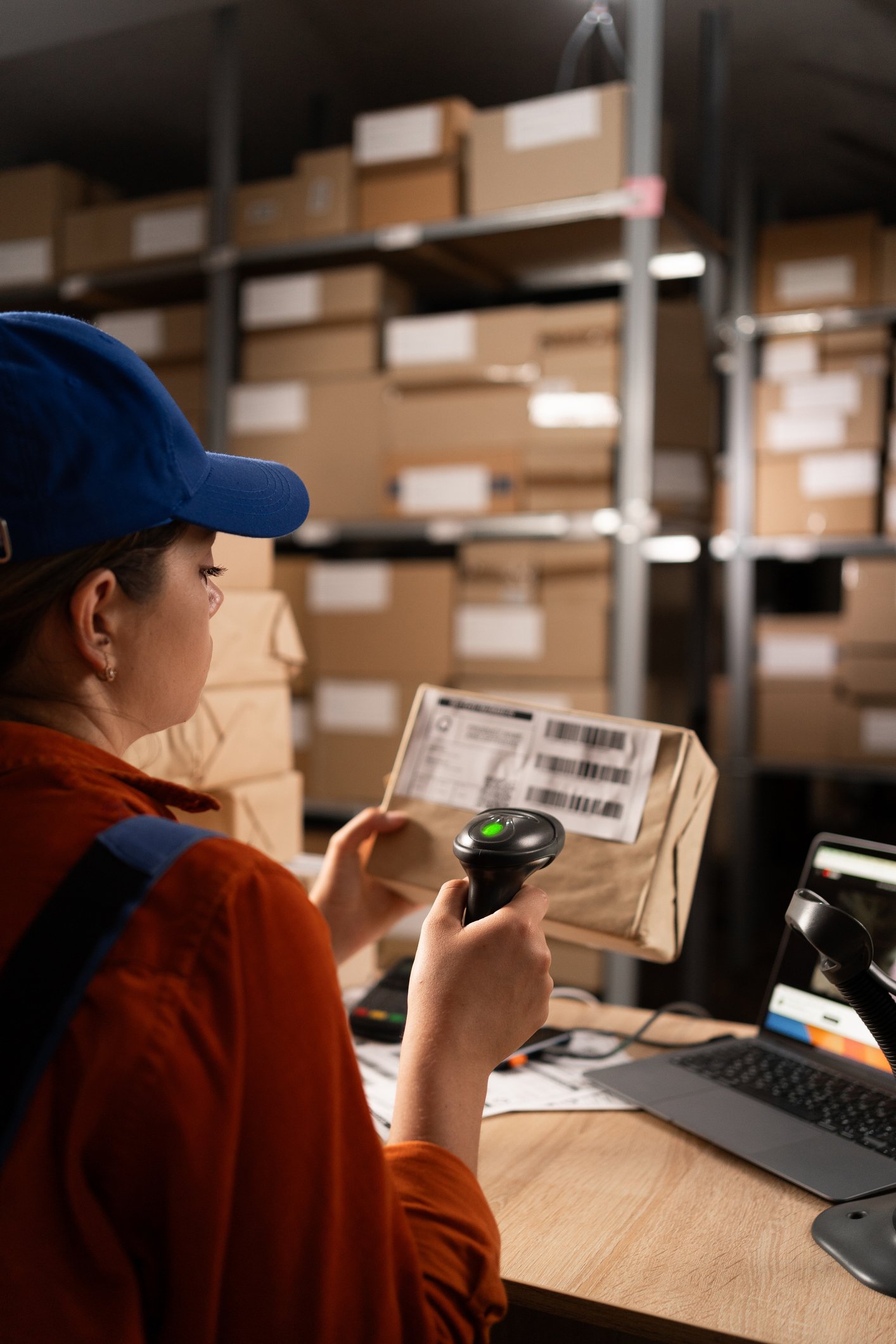 Warehouse worker scanning barcode on parcel using barcode scanner preparing parcels for shipment. Copy space